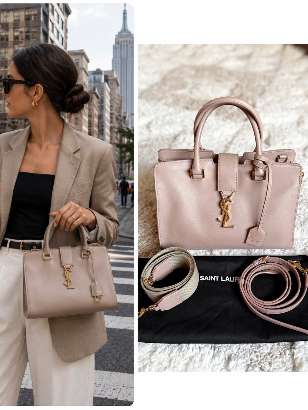 YSL Saint Laurent Monogram Baby Cabas Leather Bag Straps Mauve Pink Crossbody